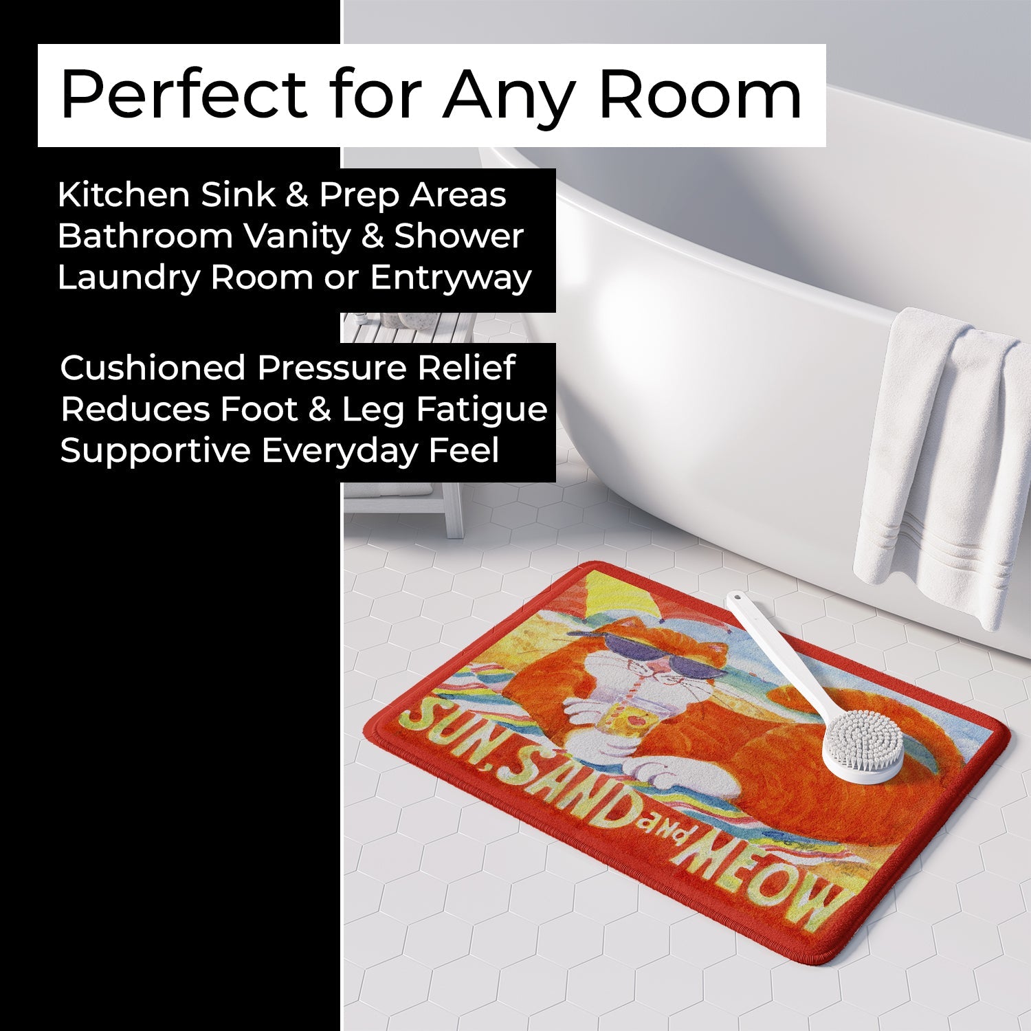 Orange Tabby at the beach Memory Foam Kitchen Mat Machine Washable Anti-Fatigue Cushion Comfort Bath or Kitchen Rug