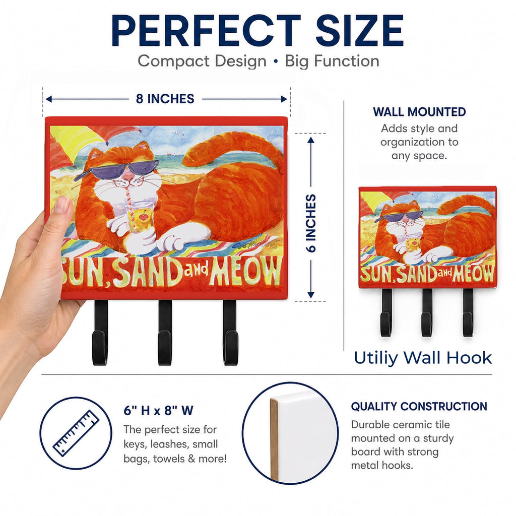 Orange Tabby at the beach Leash or Key Holder Wall Hooks, Coat Rack Wall Mount, for Hanging Keys, Towels, Aprons, Leashes