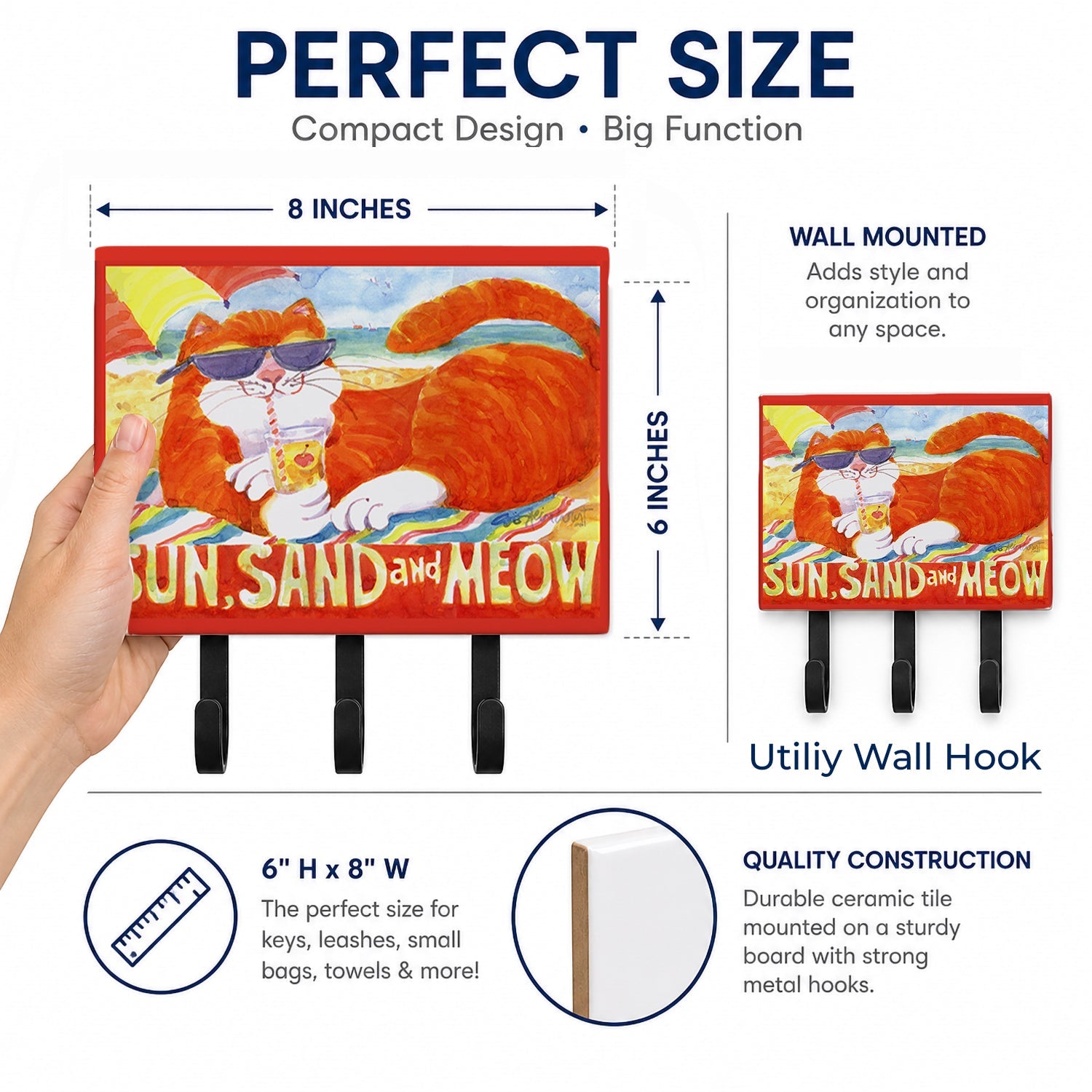 Orange Tabby at the beach Leash or Key Holder Wall Hooks, Coat Rack Wall Mount, for Hanging Keys, Towels, Aprons, Leashes