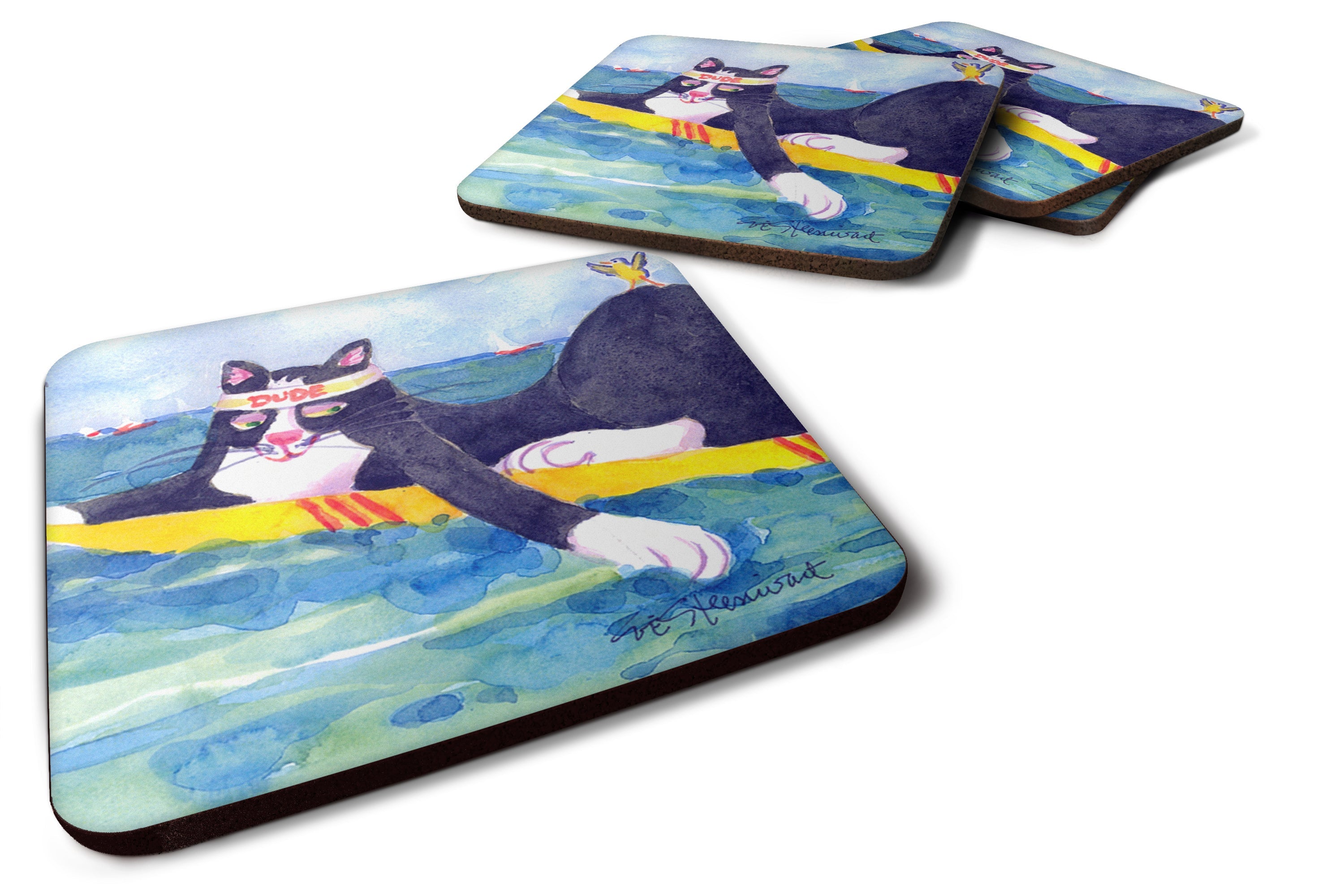 Black and white Cat Surfin Bird Foam Coasters Set of 4 Cup Coasters for Indoor Outdoor, Tabletop Protection, Anti Slip, Mouse pad Material