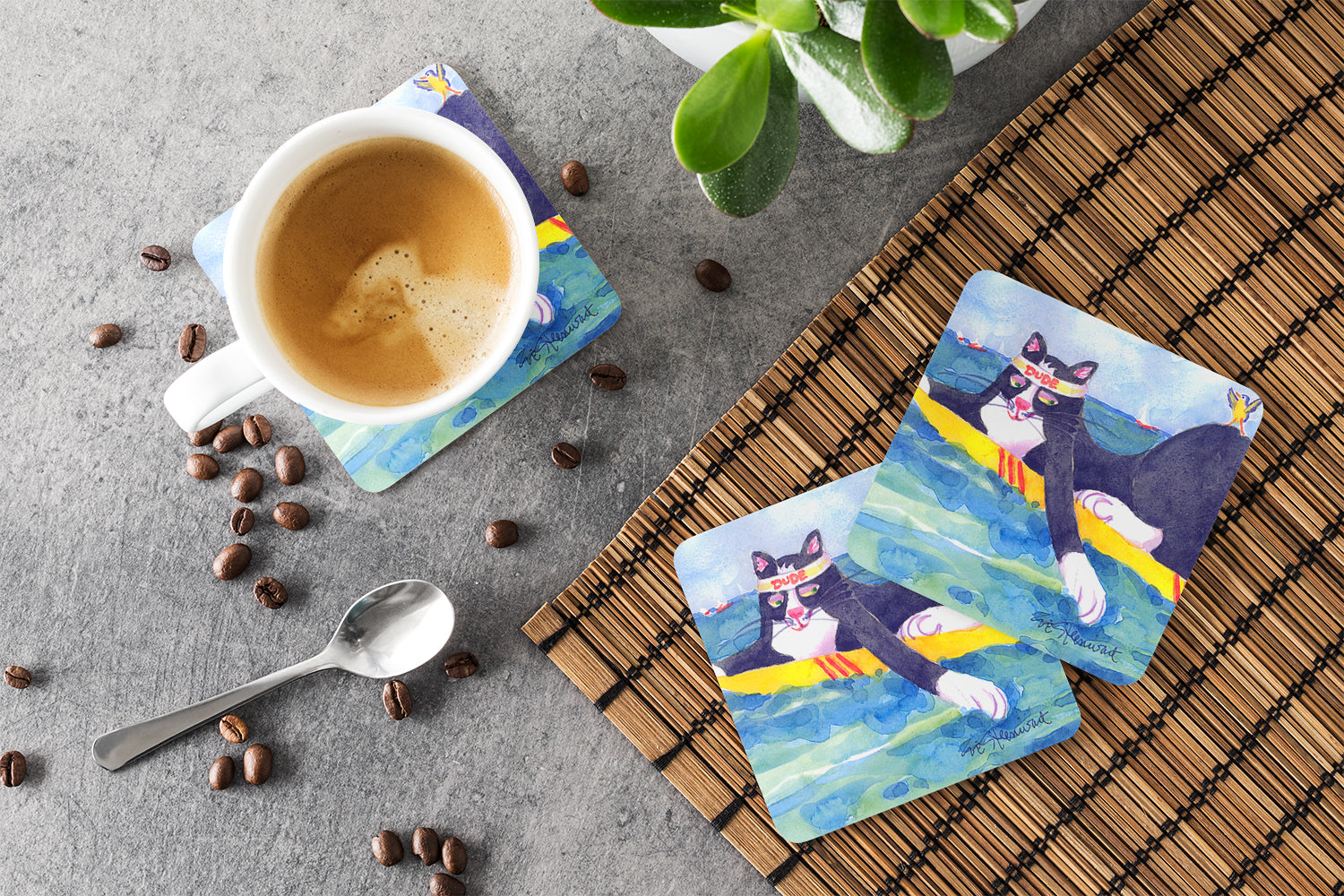 Black and white Cat Surfin Bird Foam Coasters Set of 4 Cup Coasters for Indoor Outdoor, Tabletop Protection, Anti Slip, Mouse pad Material