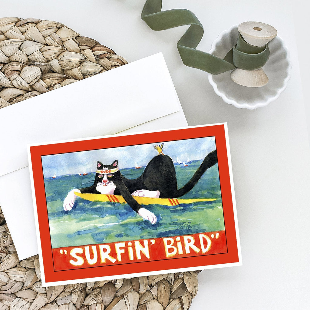 Black and white Cat Surfin Bird Greeting Cards Pack of 8 Blank Cards with Envelopes Whimsical A7 Size 5x7