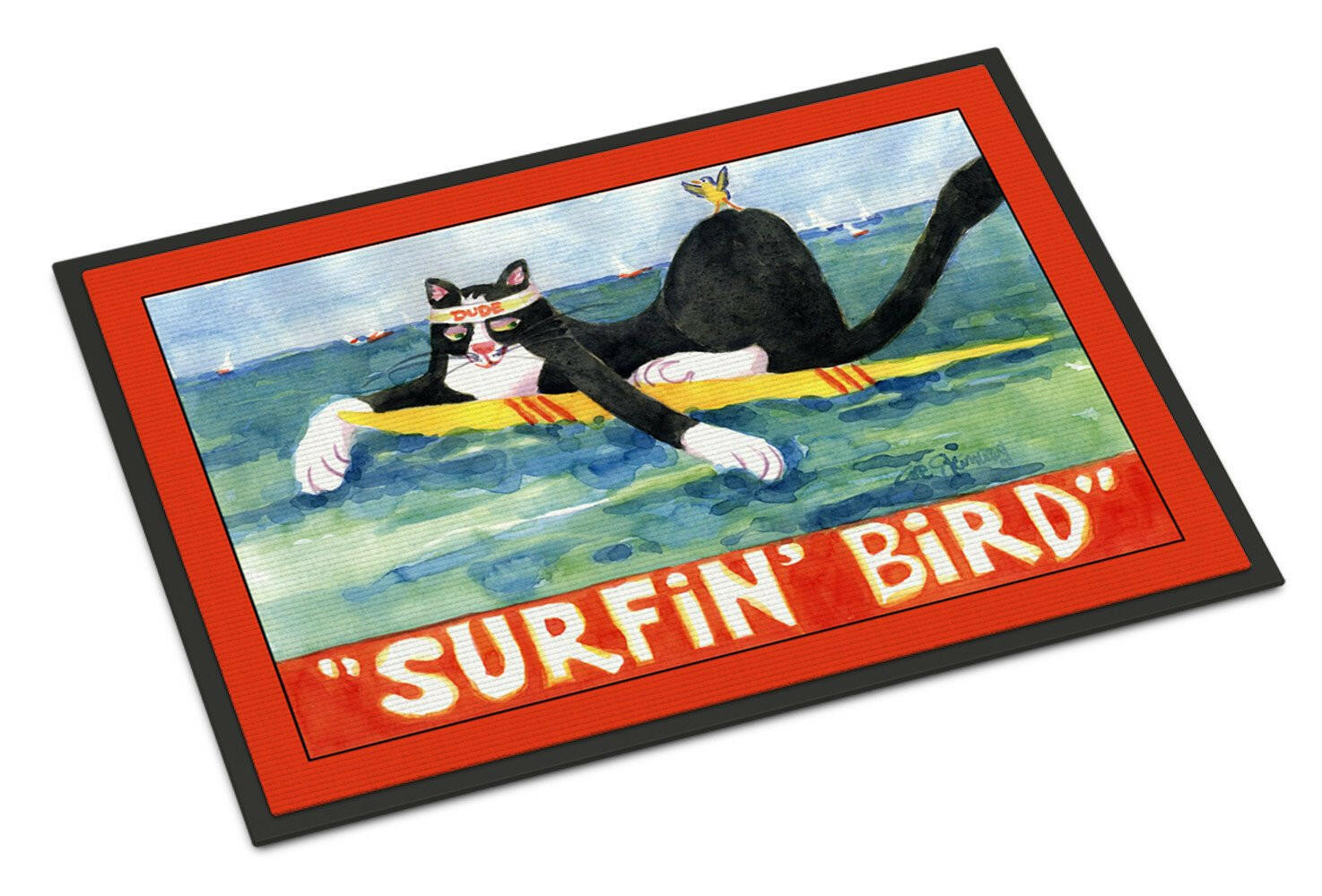 Black and white Cat Surfin Bird Doormat Indoor Outdoor 24H X 36W Front Door Mat Rugs for Entryway, Non Slip Washable Low Pile,