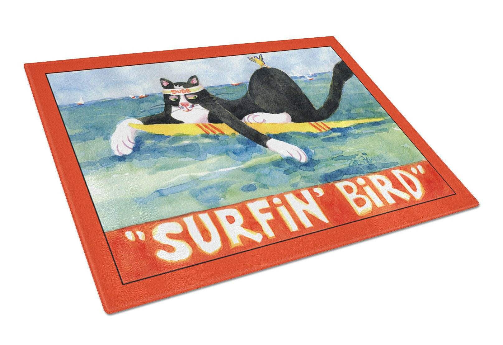 Black and white Cat Surfin Bird Cutting Board Tempered Glass Kitchen Cutting Surface, Heat Resistant Chopping, Non-Slip Feet, Food Prep & Serving