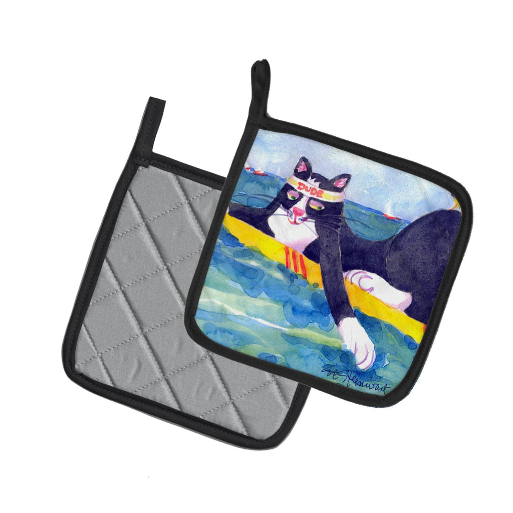 Black and white Cat Surfin Bird Pot Holder Set of 2 Heat Resistant Quilted Hot Pads 7.5 x 7.5 Inch, Insulated Kitchen Trivets for Cooking & Baking