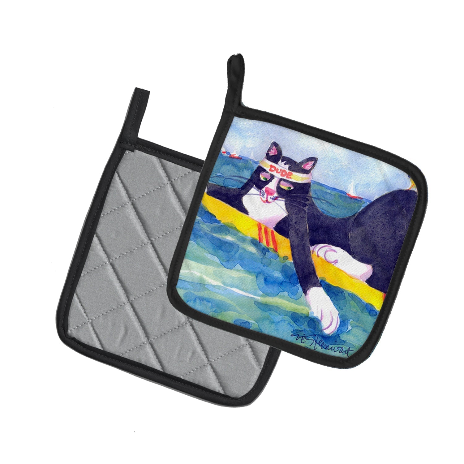 Black and white Cat Surfin Bird Pot Holder Set of 2 Heat Resistant Quilted Hot Pads 7.5 x 7.5 Inch, Insulated Kitchen Trivets for Cooking & Baking