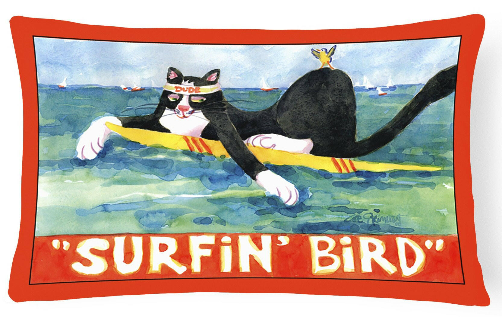 Black and white Cat Surfin Bird Decorative Throw Pillow 12x16 Indoor Outdoor Accent Cushion, Fabric Cover with Insert for Sofa, Bed, Porch & Living Room