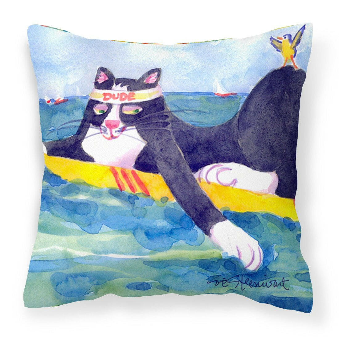 Black and white Cat Surfin Bird Decorative Throw Pillow 14x14 Indoor Outdoor Accent Cushion, Fabric Cover with Insert for Sofa, Bed, Porch & Living Room
