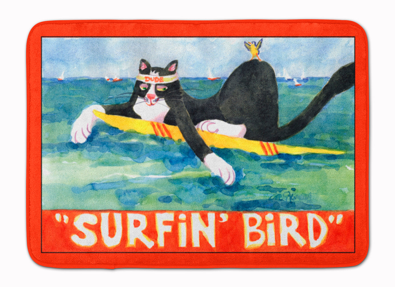 Black and white Cat Surfin Bird Memory Foam Kitchen Mat Machine Washable Anti-Fatigue Cushion Comfort Bath or Kitchen Rug