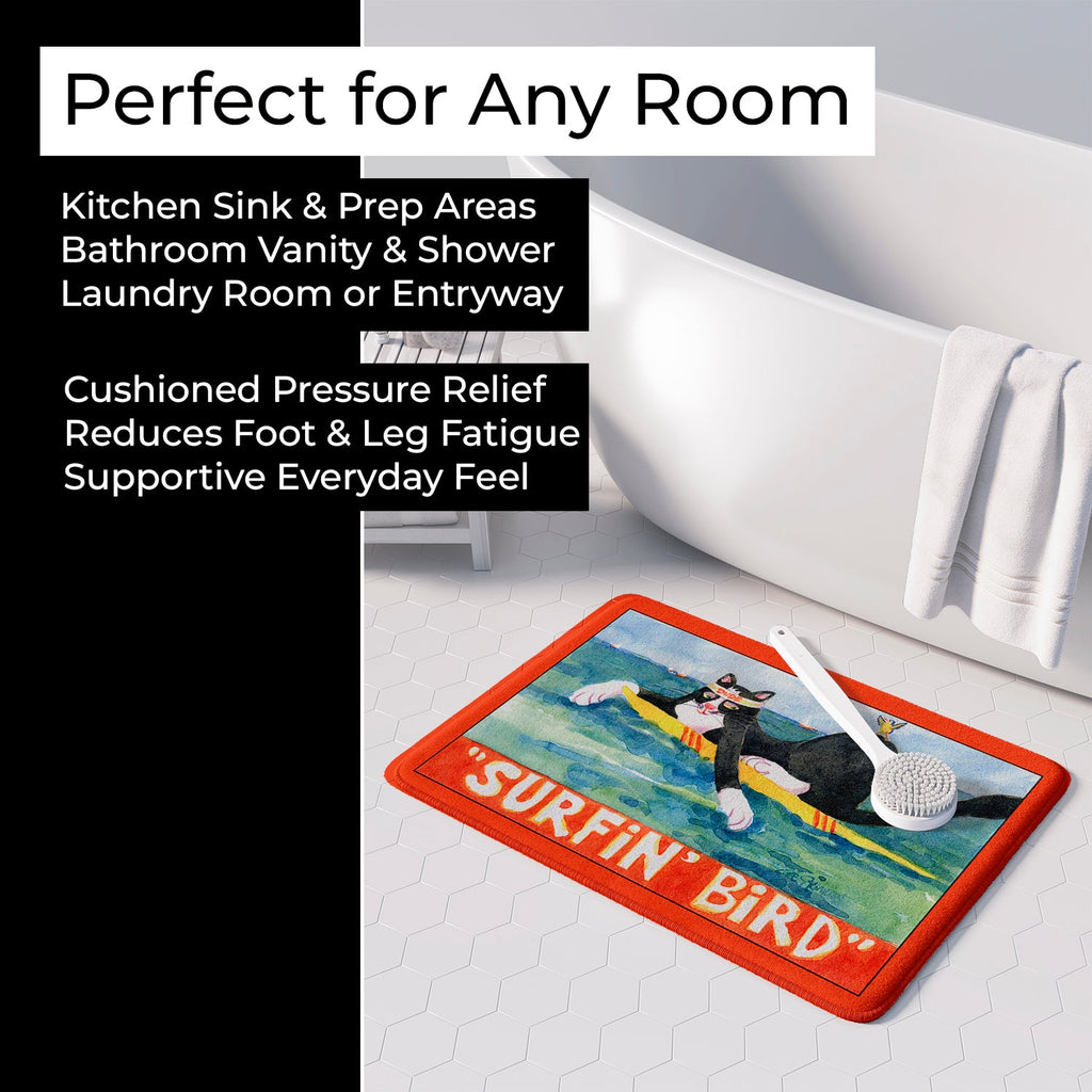 Black and white Cat Surfin Bird Memory Foam Kitchen Mat Machine Washable Anti-Fatigue Cushion Comfort Bath or Kitchen Rug
