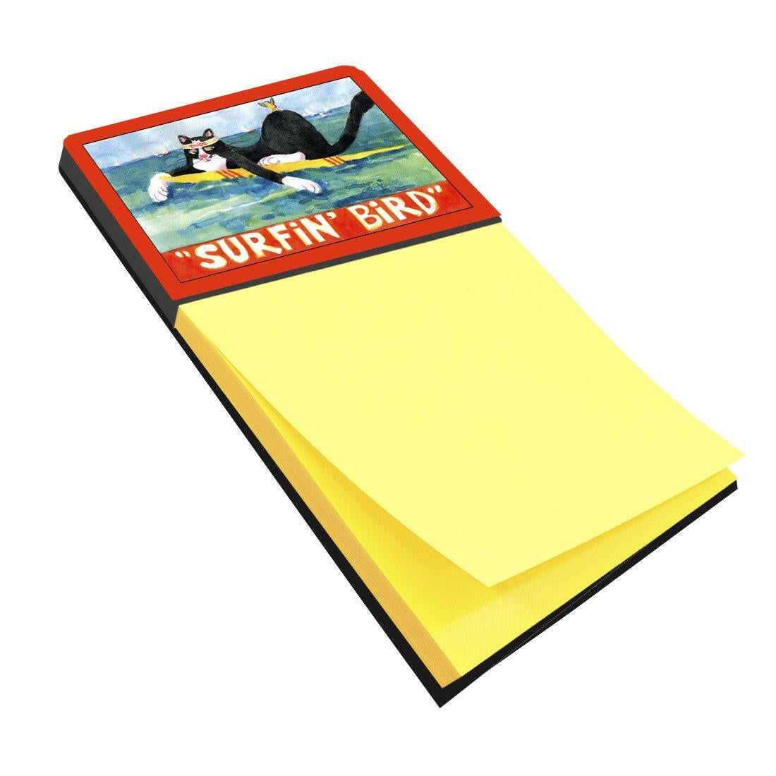 Black and white Cat Surfin Bird Watercolor Sticky Note Holder Refillable Dispenser Desk Accessory 3x3 Pad Gift