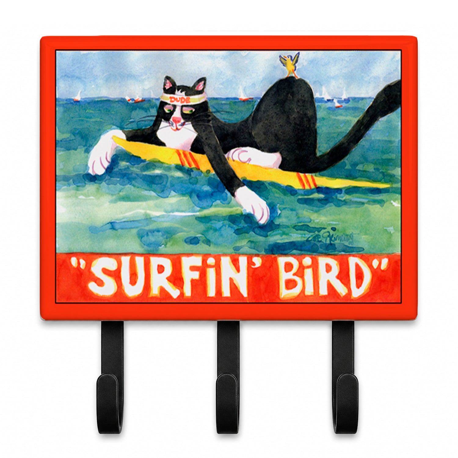 Black and white Cat Surfin Bird Leash or Key Holder Wall Hooks, Coat Rack Wall Mount, for Hanging Keys, Towels, Aprons, Leashes