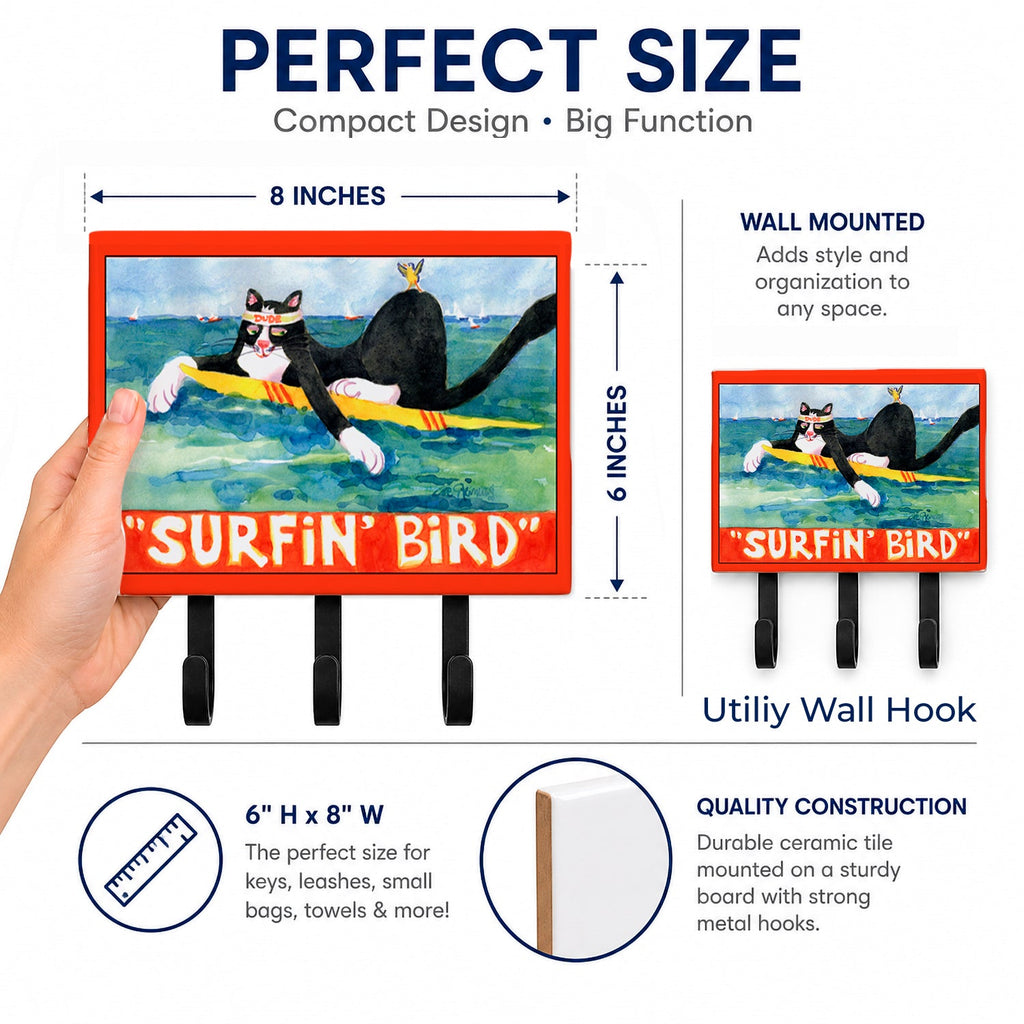 Black and white Cat Surfin Bird Leash or Key Holder Wall Hooks, Coat Rack Wall Mount, for Hanging Keys, Towels, Aprons, Leashes
