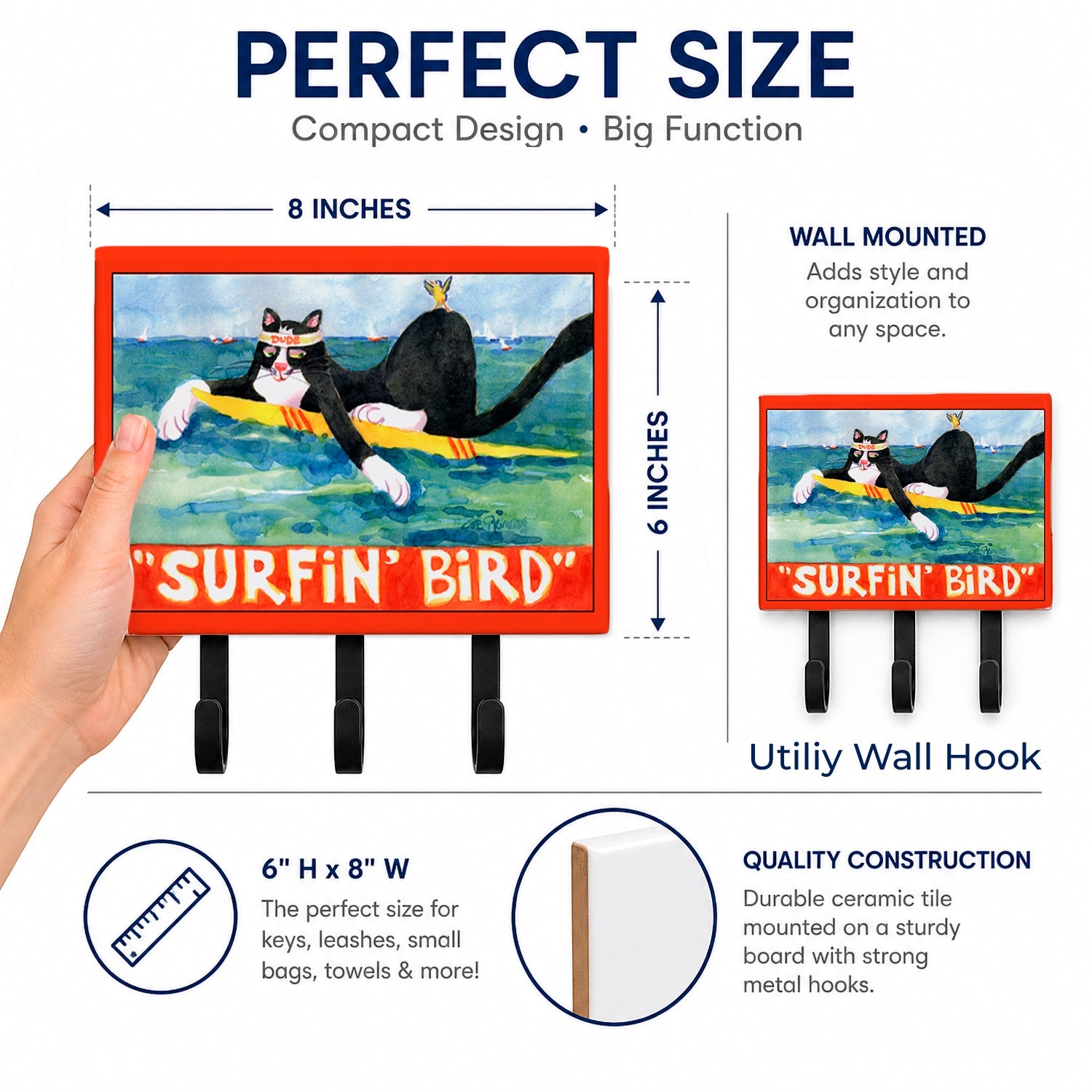 Black and white Cat Surfin Bird Leash or Key Holder Wall Hooks, Coat Rack Wall Mount, for Hanging Keys, Towels, Aprons, Leashes