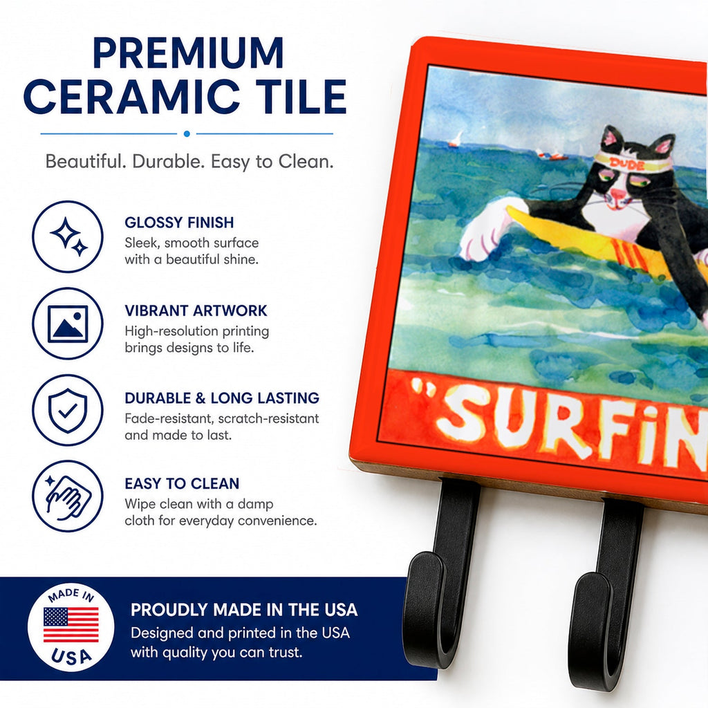 Black and white Cat Surfin Bird Leash or Key Holder Wall Hooks, Coat Rack Wall Mount, for Hanging Keys, Towels, Aprons, Leashes