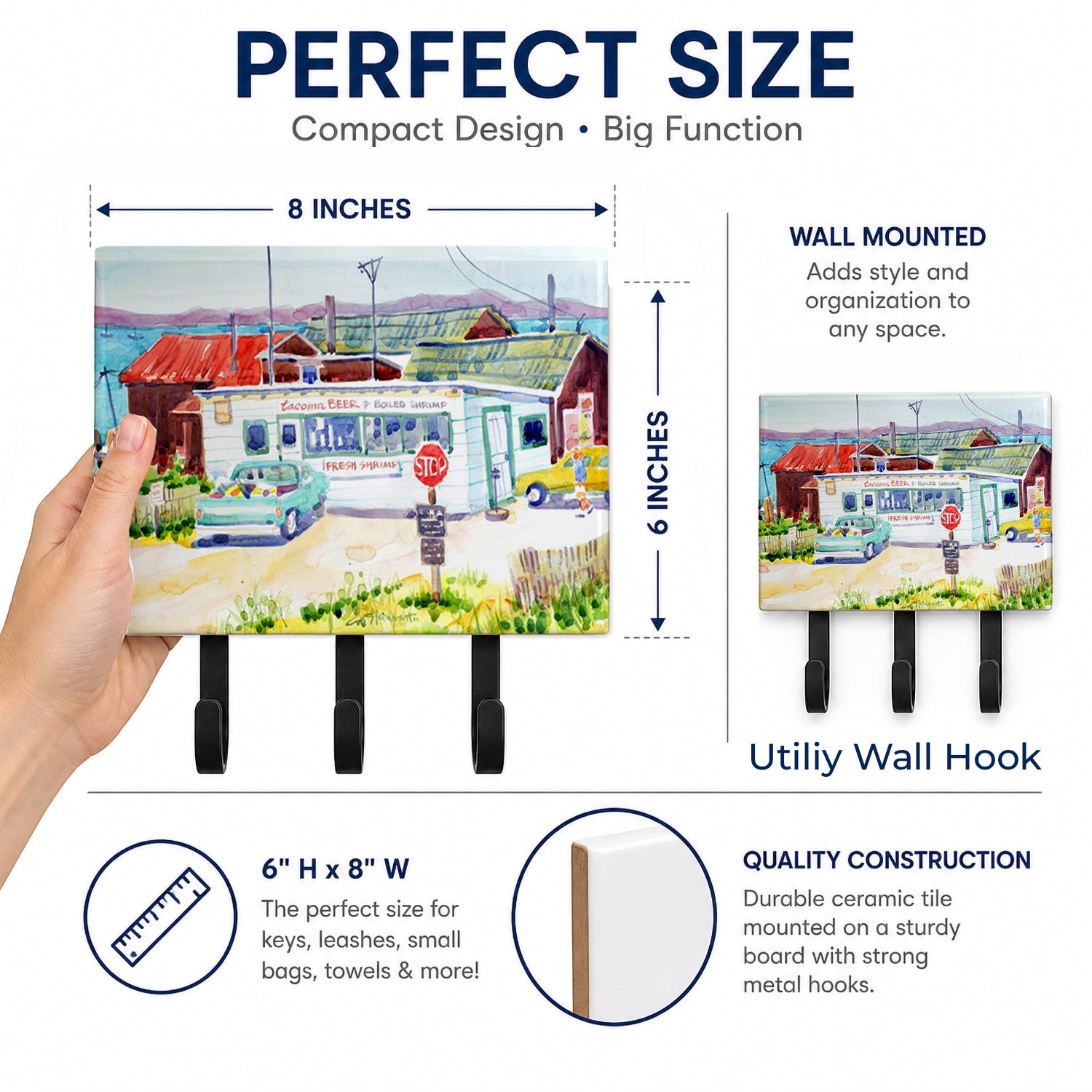 Seafood Shack for fresh shrimp Leash or Key Holder Wall Hooks, Coat Rack Wall Mount, for Hanging Keys, Towels, Aprons, Leashes