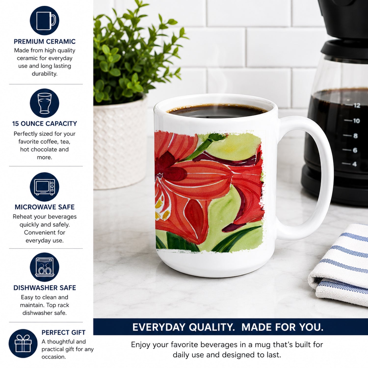 Flower - Amaryllis Ceramic Coffee Mug 15 oz Decorative Large C Handle Mug Cup for Tea, Cocoa Hot Chocolate