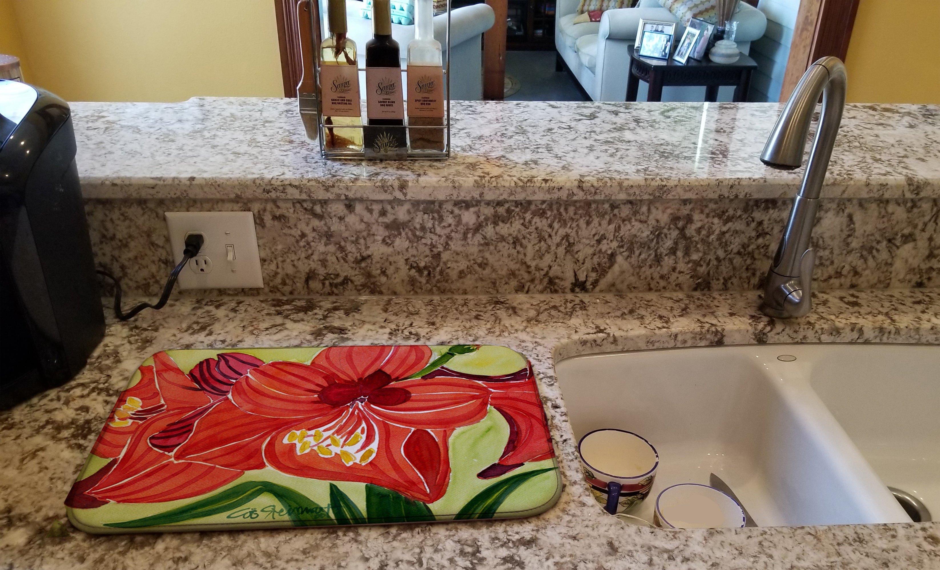 Flower - Amaryllis Dish Drying Mat Absorbent Dish Drying Mat Pad for Kitchen Counter Dish Drainer Mat for Countertop, 14 x 21", Multicolor
