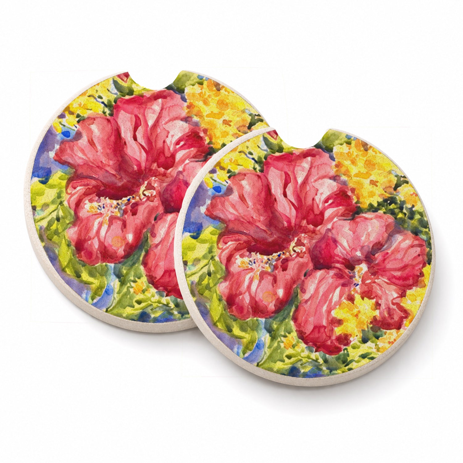 Flower - Hibiscus Set of 2 Cup Holder Car Coasters Absorbent Round Sandstone Coasters Gifts for Men or Women, 2.5, Multicolor