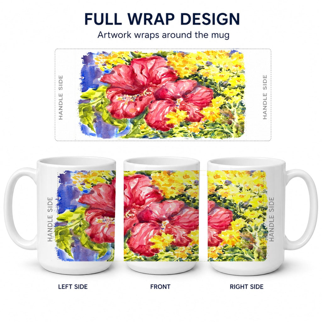 Flower - Hibiscus Ceramic Coffee Mug 15 oz Decorative Large C Handle Mug Cup for Tea, Cocoa Hot Chocolate