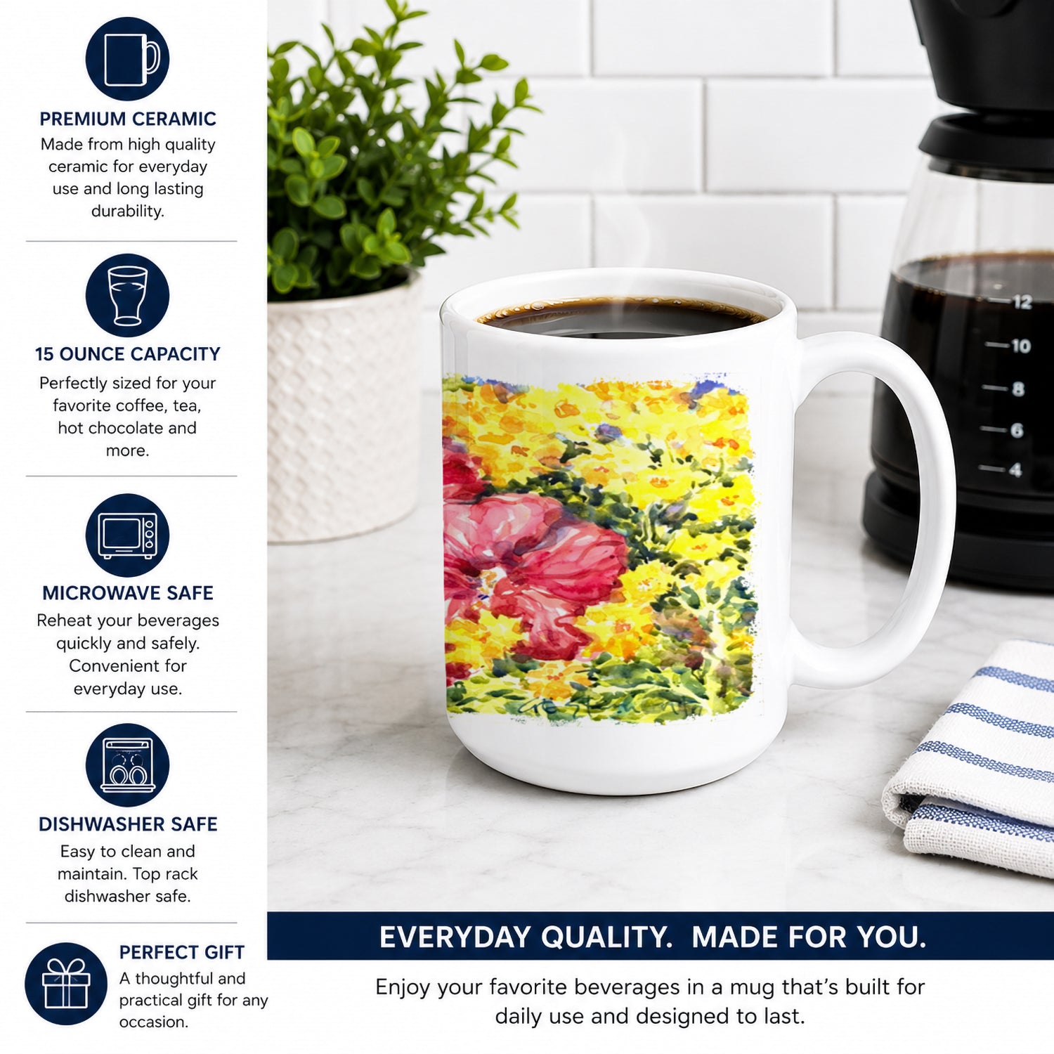 Flower - Hibiscus Ceramic Coffee Mug 15 oz Decorative Large C Handle Mug Cup for Tea, Cocoa Hot Chocolate