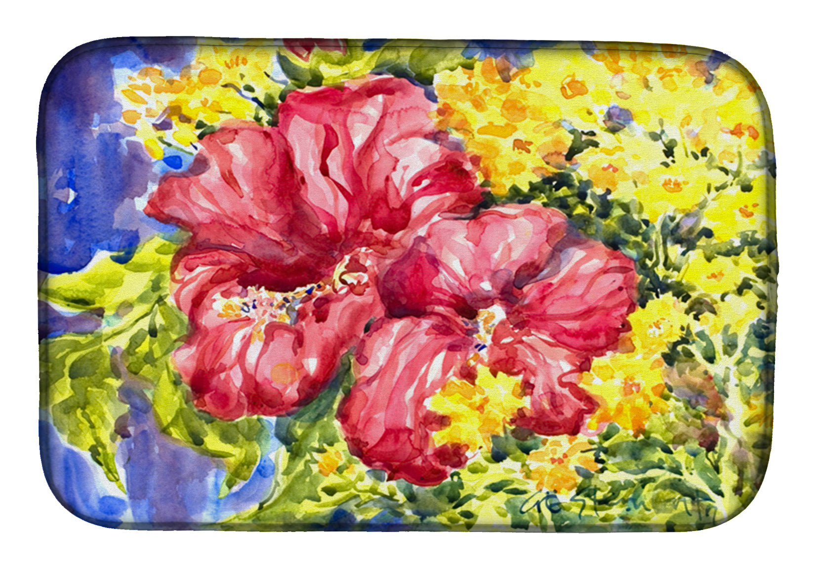 Flower - Hibiscus Dish Drying Mat Absorbent Dish Drying Mat Pad for Kitchen Counter Dish Drainer Mat for Countertop, 14 x 21", Multicolor