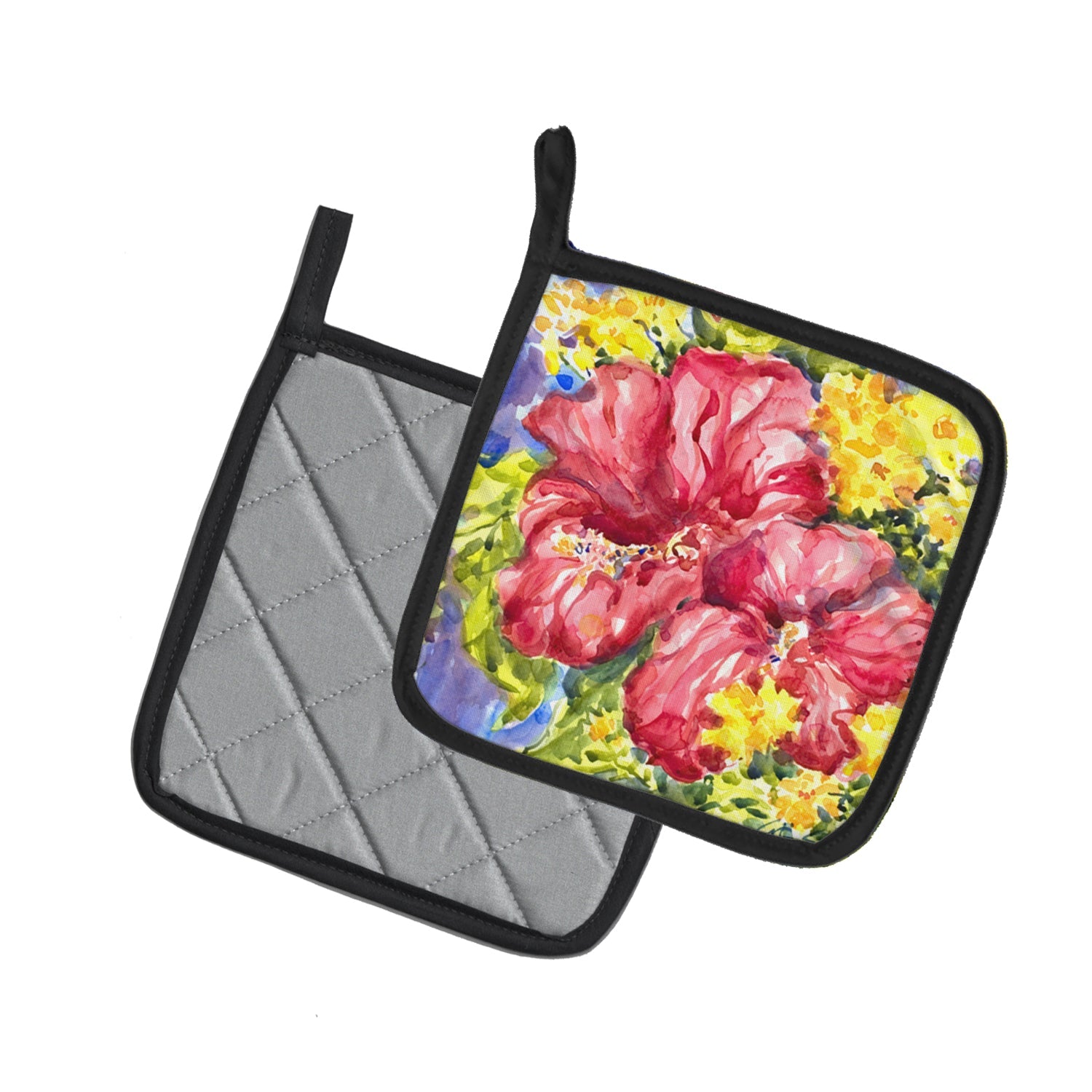 Flower - Hibiscus Pot Holder Set of 2 Heat Resistant Quilted Hot Pads 7.5 x 7.5 Inch, Insulated Kitchen Trivets for Cooking & Baking