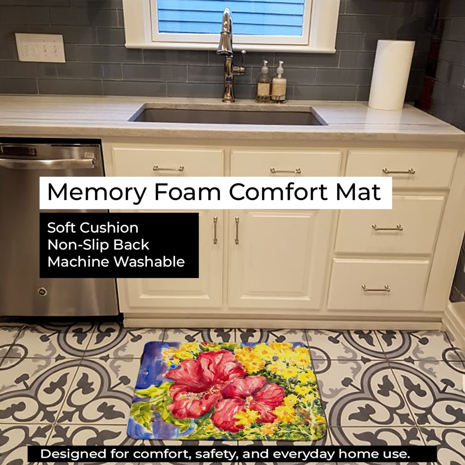 Flower - Hibiscus Memory Foam Kitchen Mat Machine Washable Anti-Fatigue Cushion Comfort Bath or Kitchen Rug
