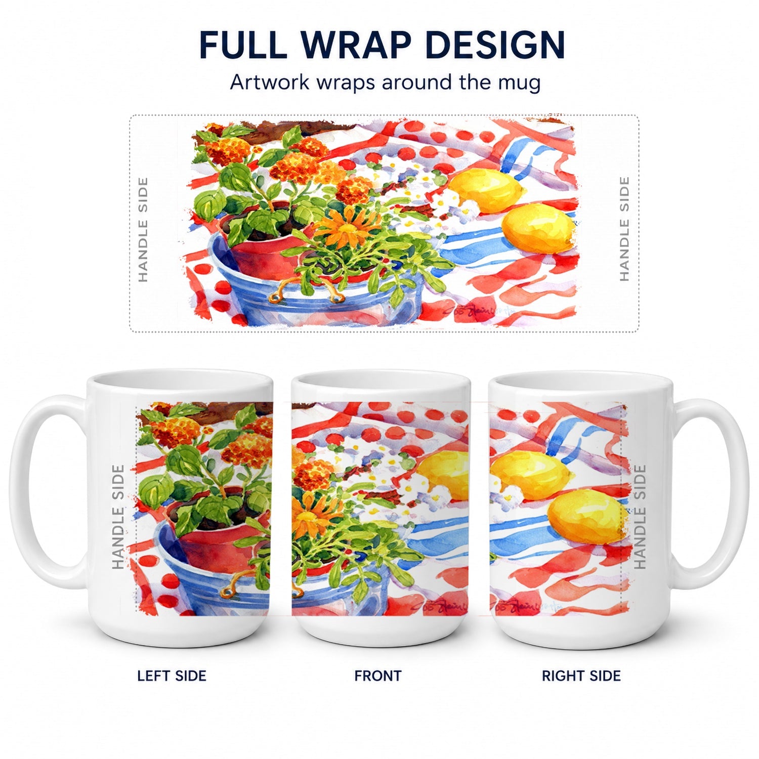 Flowers with a side of lemons Ceramic Coffee Mug 15 oz Decorative Large C Handle Mug Cup for Tea, Cocoa Hot Chocolate