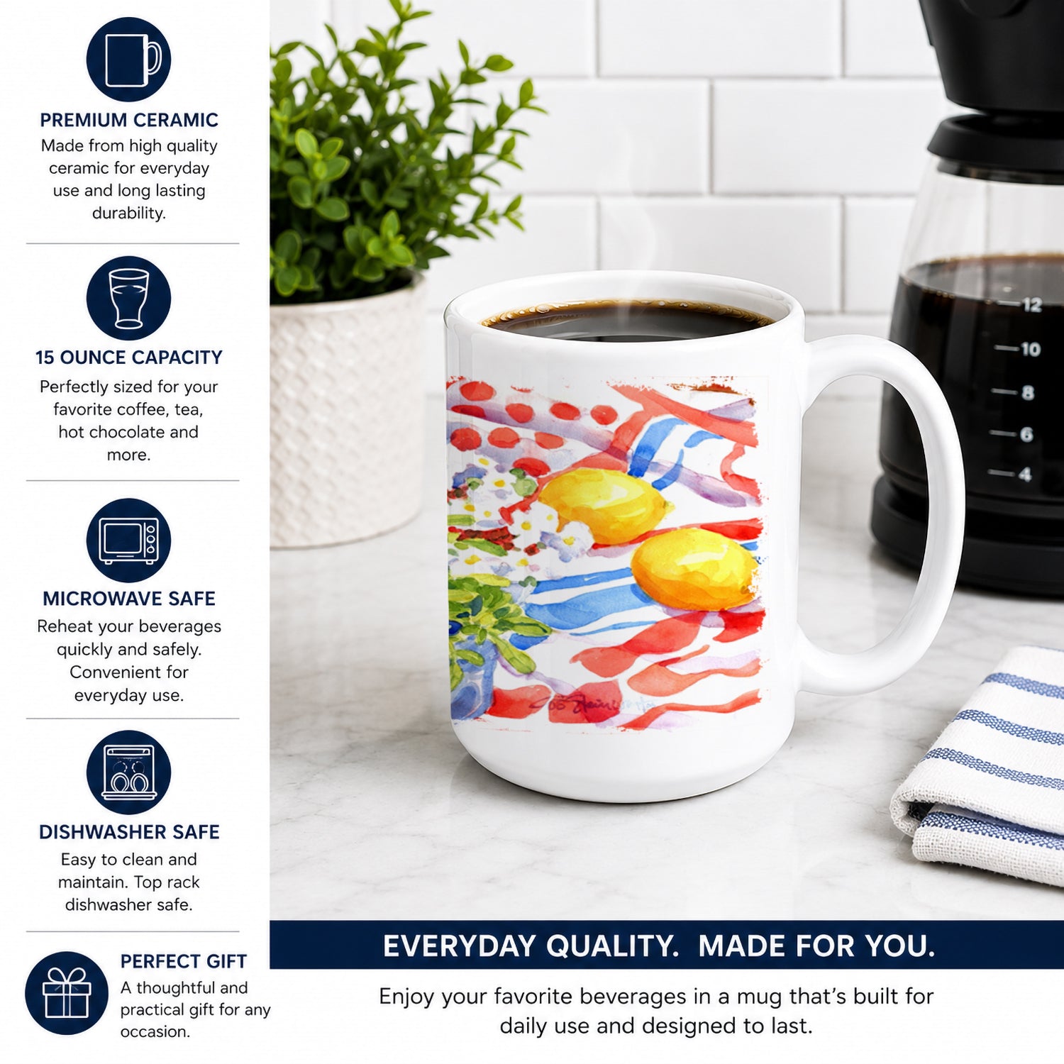 Flowers with a side of lemons Ceramic Coffee Mug 15 oz Decorative Large C Handle Mug Cup for Tea, Cocoa Hot Chocolate