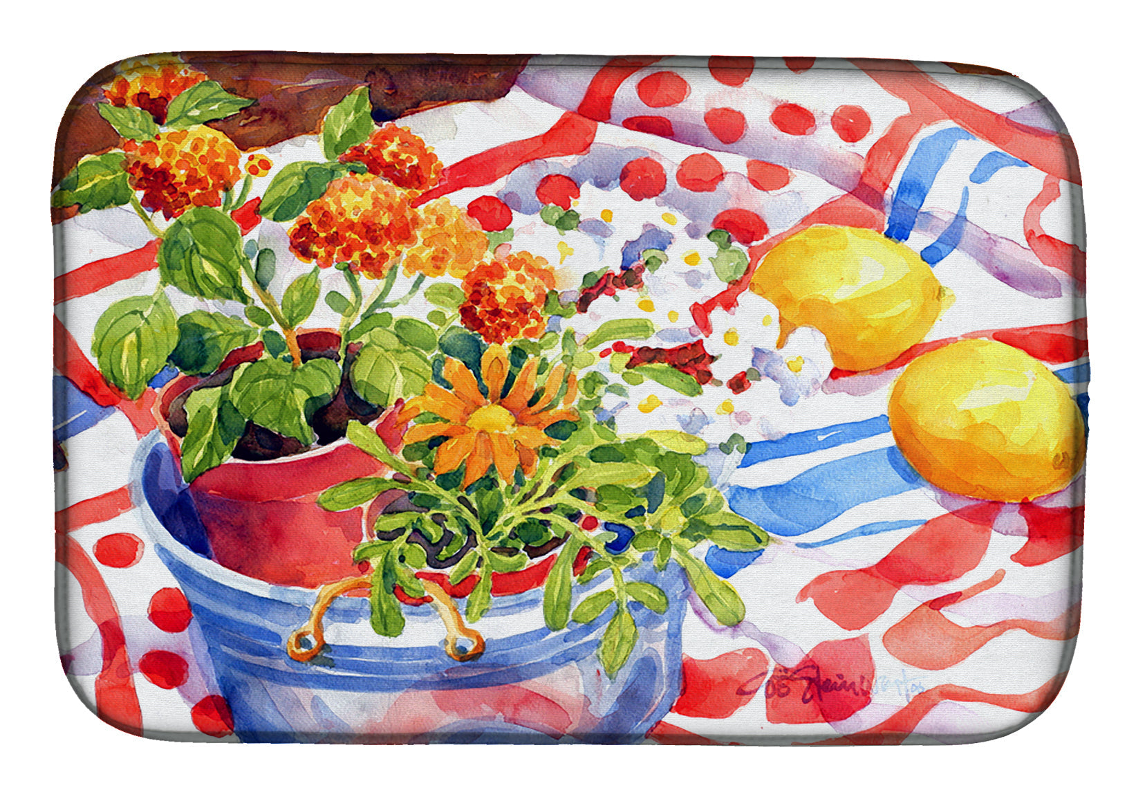 Flowers with a side of lemons Dish Drying Mat Absorbent Dish Drying Mat Pad for Kitchen Counter Dish Drainer Mat for Countertop, 14 x 21", Multicolor