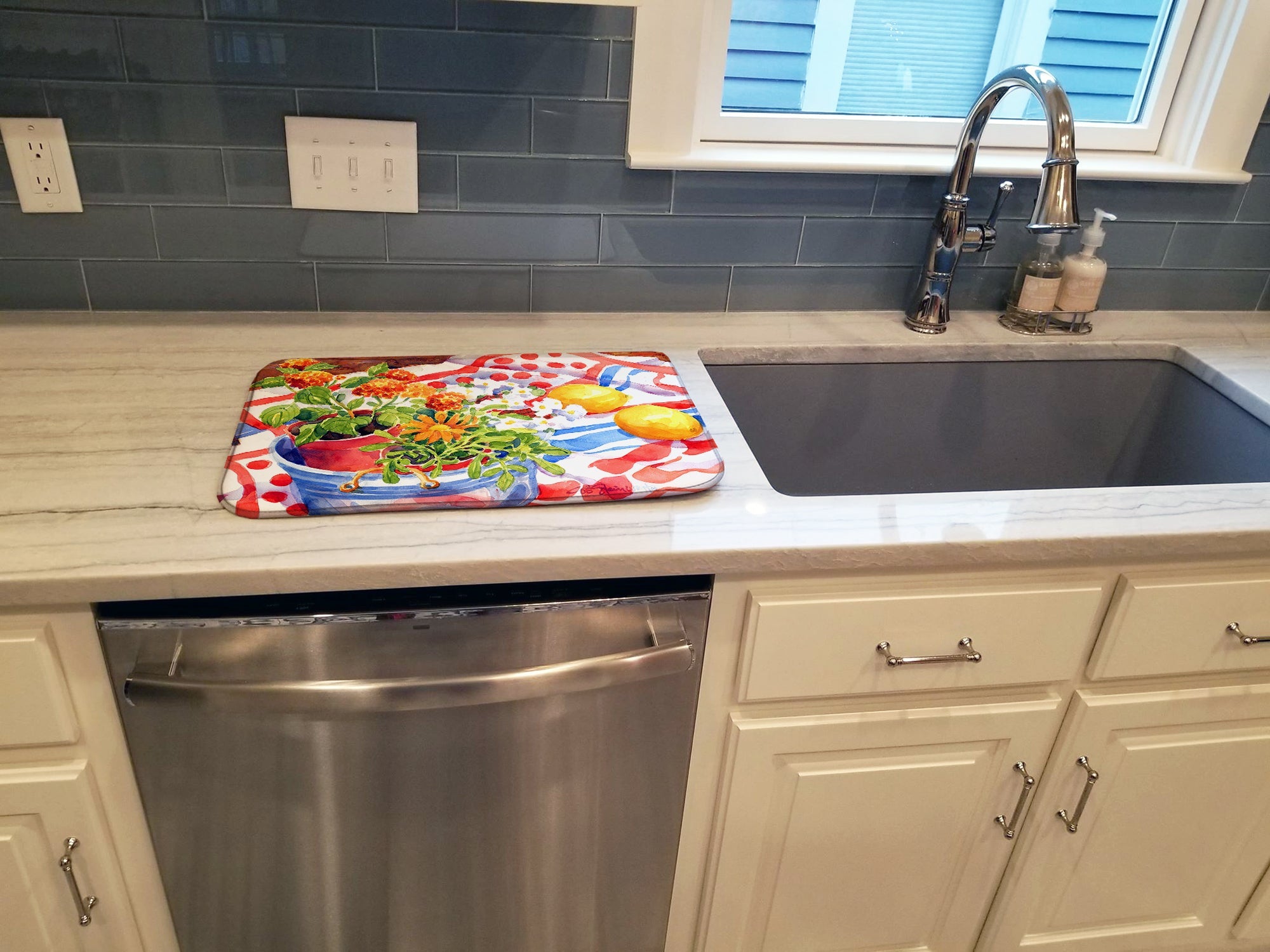 Flowers with a side of lemons Dish Drying Mat Absorbent Dish Drying Mat Pad for Kitchen Counter Dish Drainer Mat for Countertop, 14 x 21", Multicolor