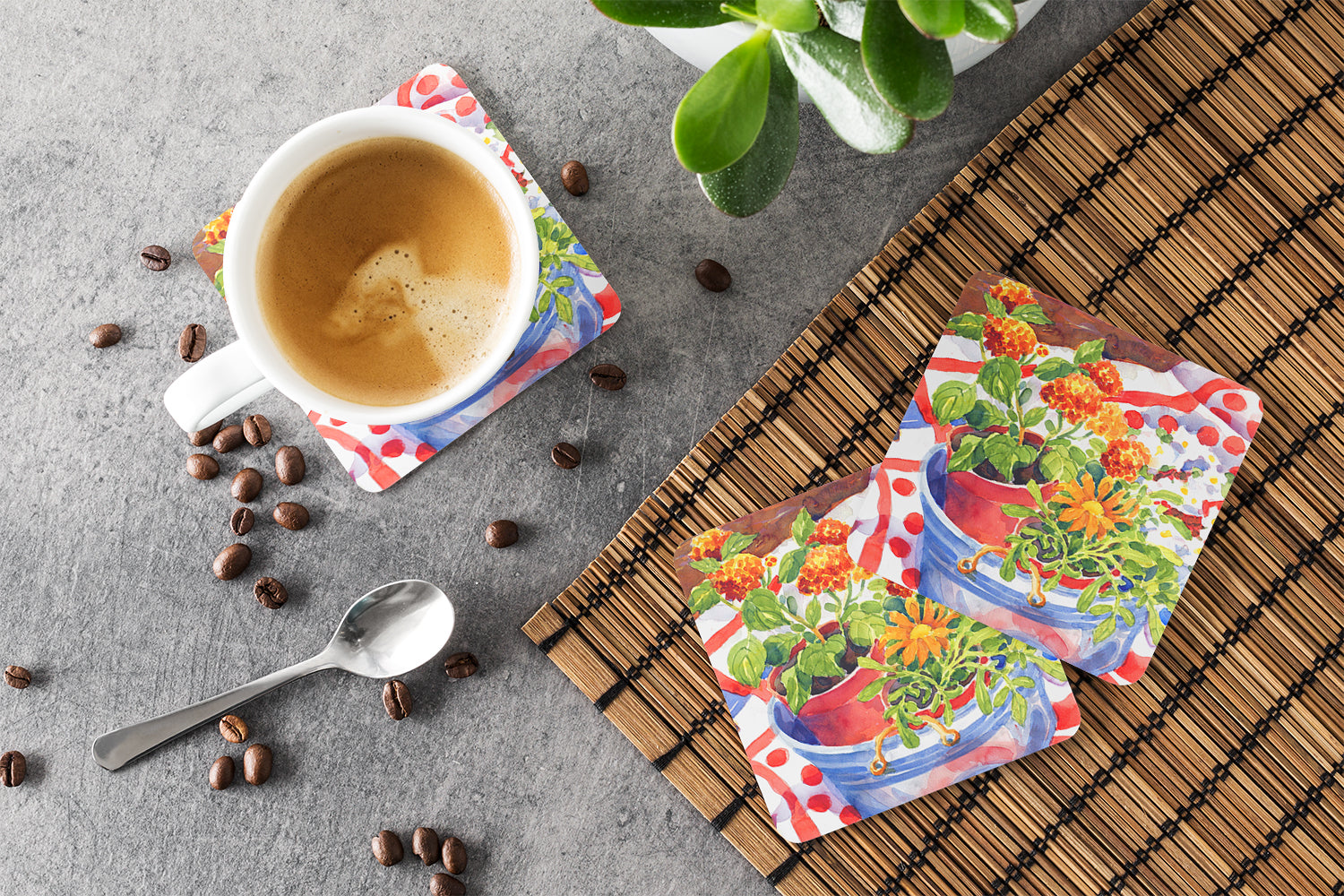 Flowers with a side of lemons Foam Coasters Set of 4 Cup Coasters for Indoor Outdoor, Tabletop Protection, Anti Slip, Mouse pad Material