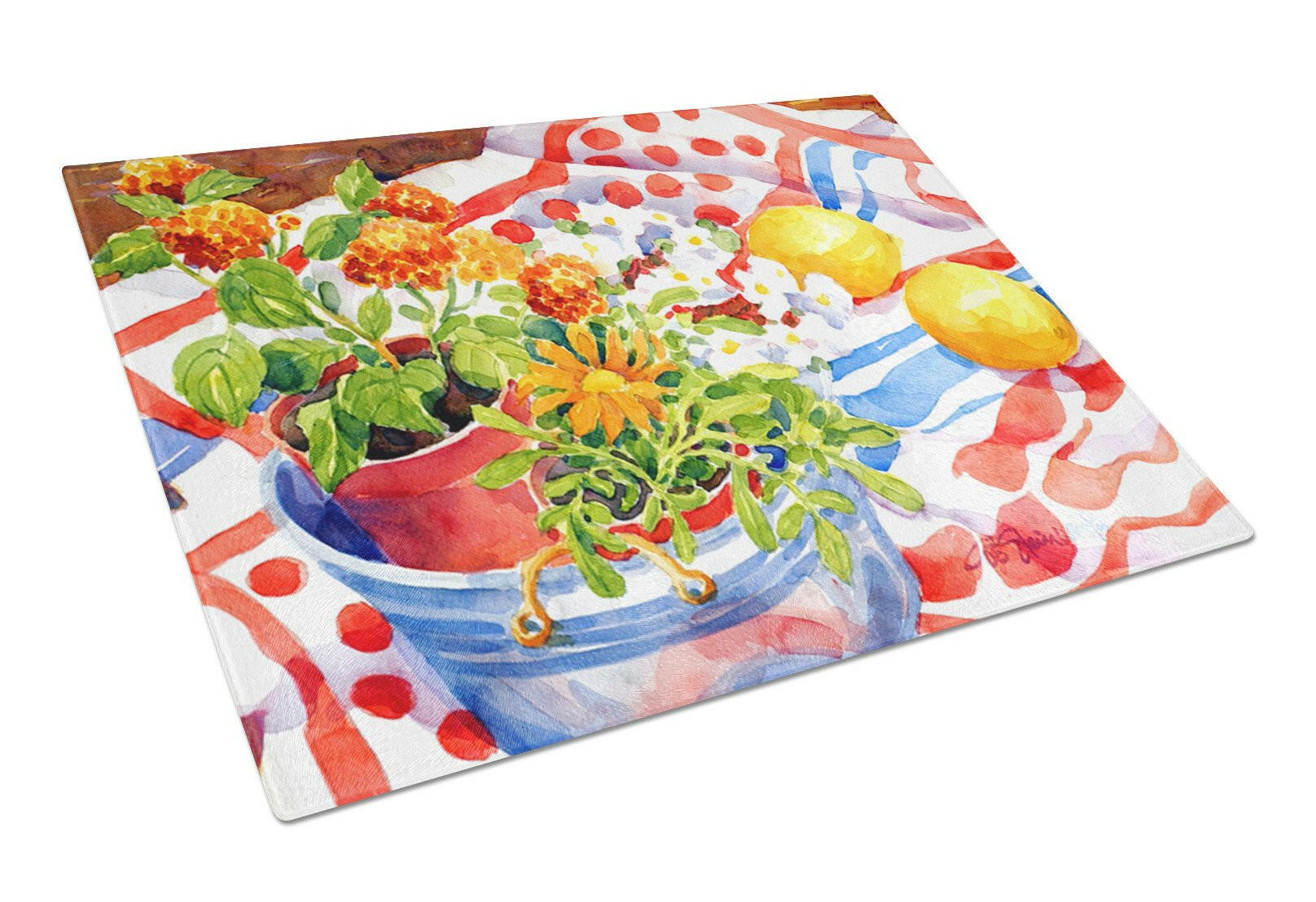 Flowers with a side of lemons Cutting Board Tempered Glass Kitchen Cutting Surface, Heat Resistant Chopping, Non-Slip Feet, Food Prep & Serving