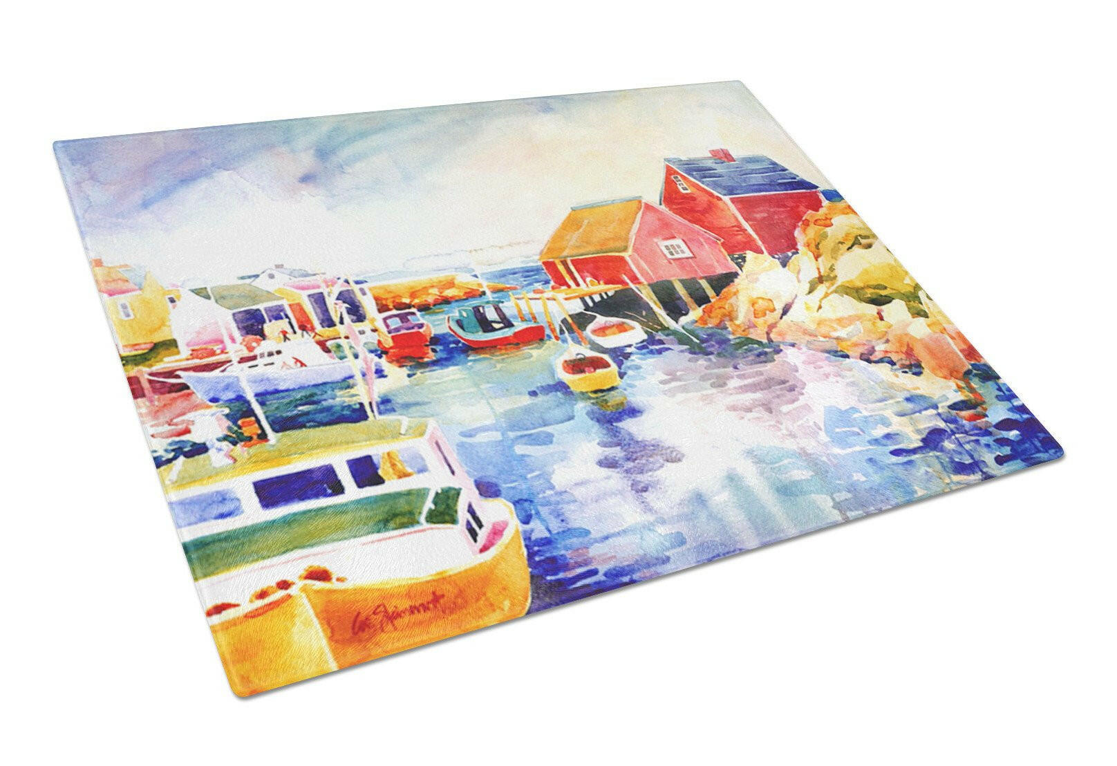 Boats at Harbour with a view Cutting Board Tempered Glass Kitchen Cutting Surface, Heat Resistant Chopping, Non-Slip Feet, Food Prep & Serving