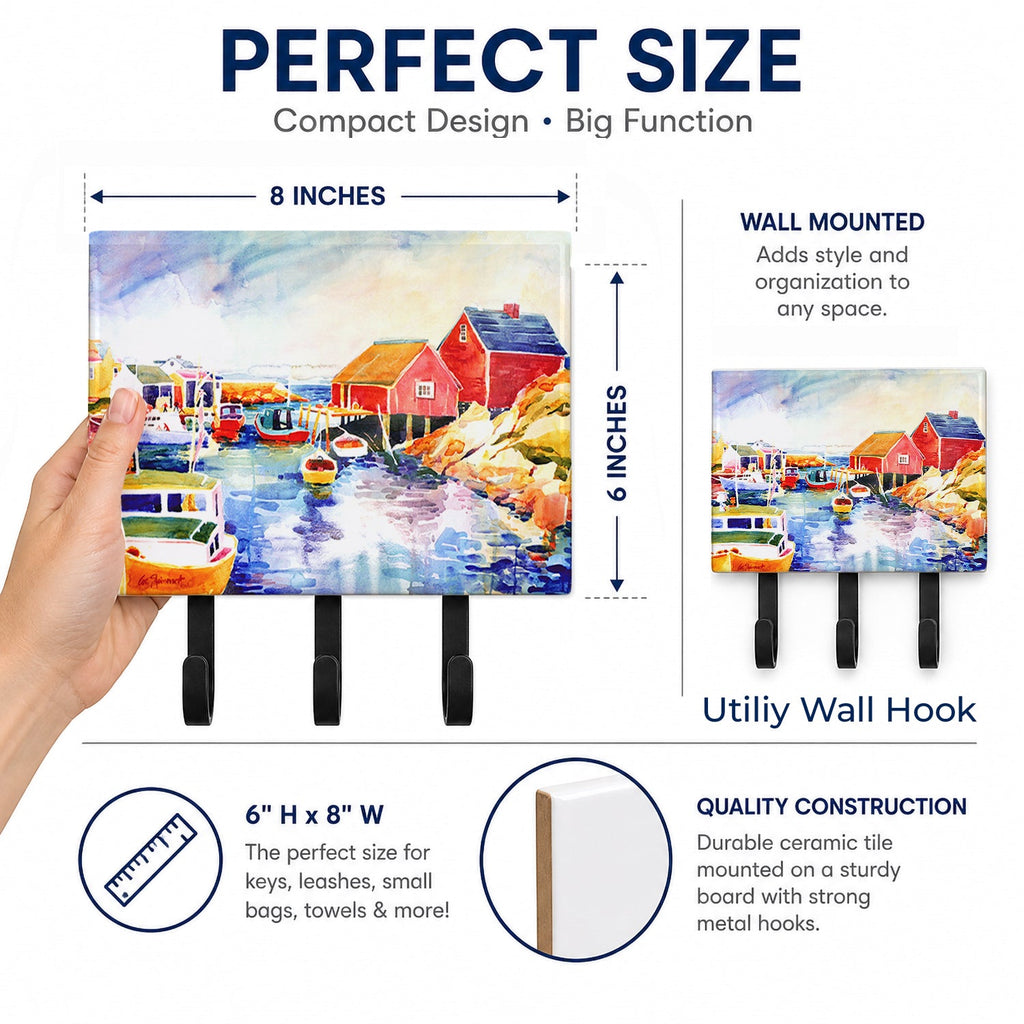 Boats at Harbour with a view Leash or Key Holder Wall Hooks, Coat Rack Wall Mount, for Hanging Keys, Towels, Aprons, Leashes