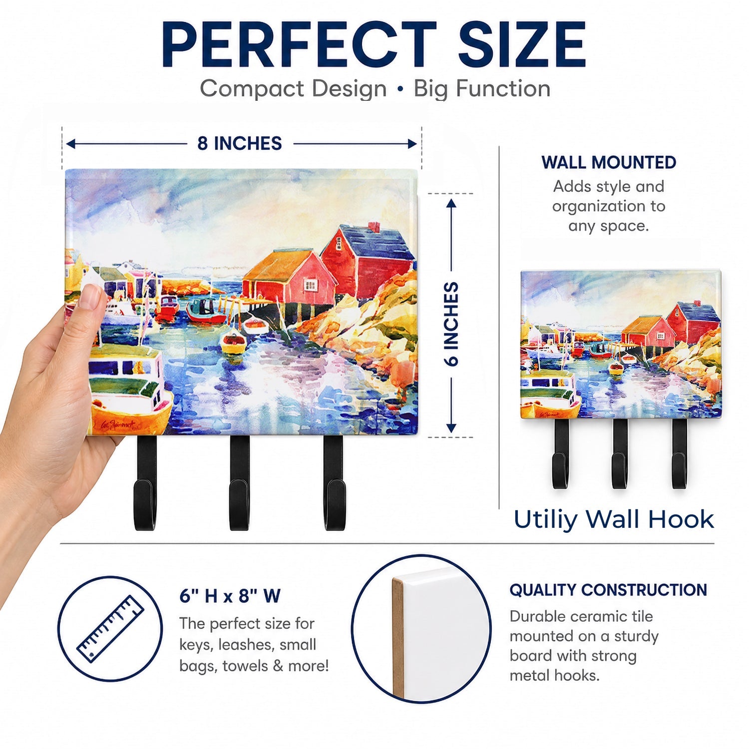 Boats at Harbour with a view Leash or Key Holder Wall Hooks, Coat Rack Wall Mount, for Hanging Keys, Towels, Aprons, Leashes