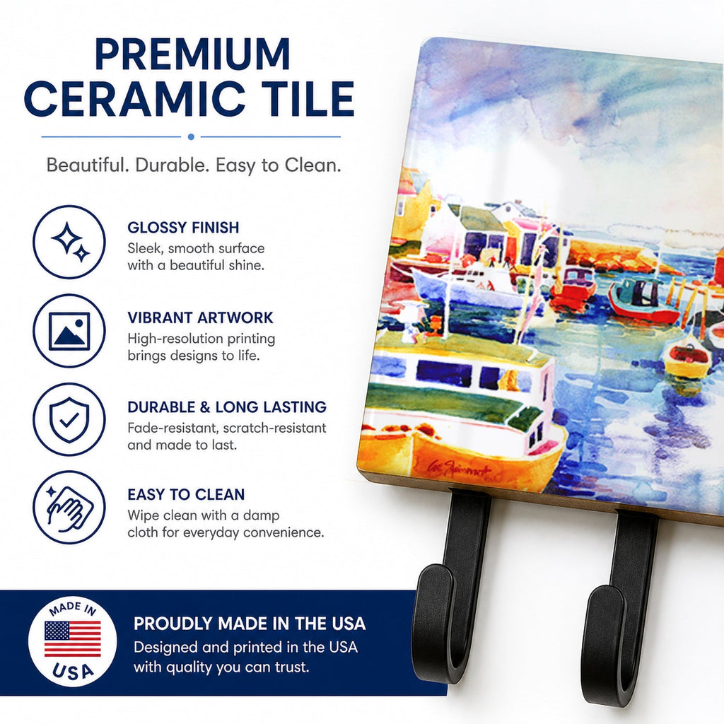 Boats at Harbour with a view Leash or Key Holder Wall Hooks, Coat Rack Wall Mount, for Hanging Keys, Towels, Aprons, Leashes