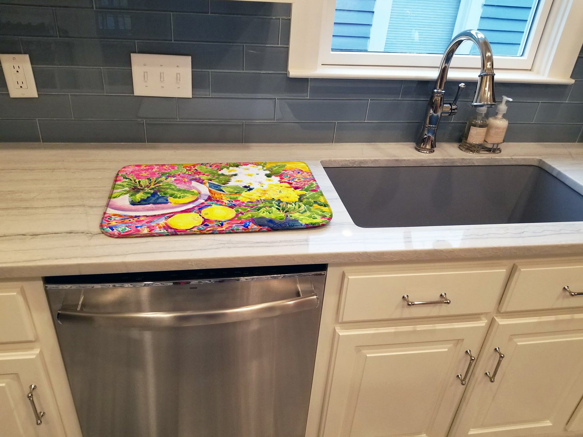 Flower - Primroses Dish Drying Mat Absorbent Dish Drying Mat Pad for Kitchen Counter Dish Drainer Mat for Countertop, 14 x 21", Multicolor