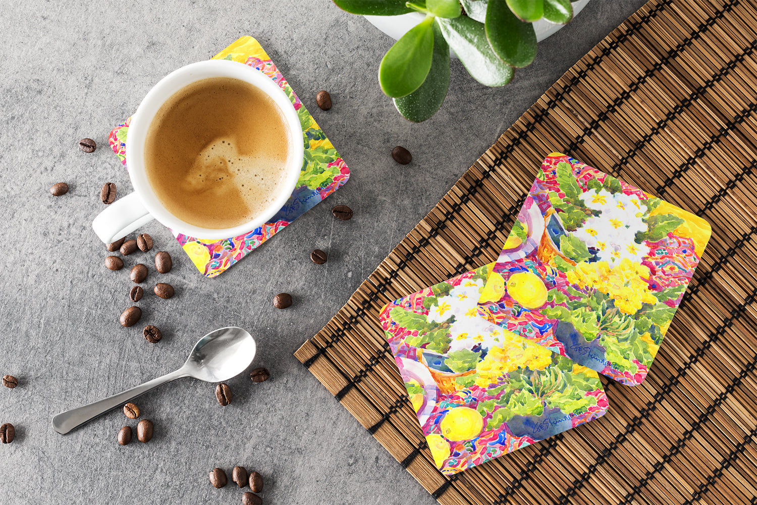 Flower - Primroses Foam Coasters Set of 4 Cup Coasters for Indoor Outdoor, Tabletop Protection, Anti Slip, Mouse pad Material