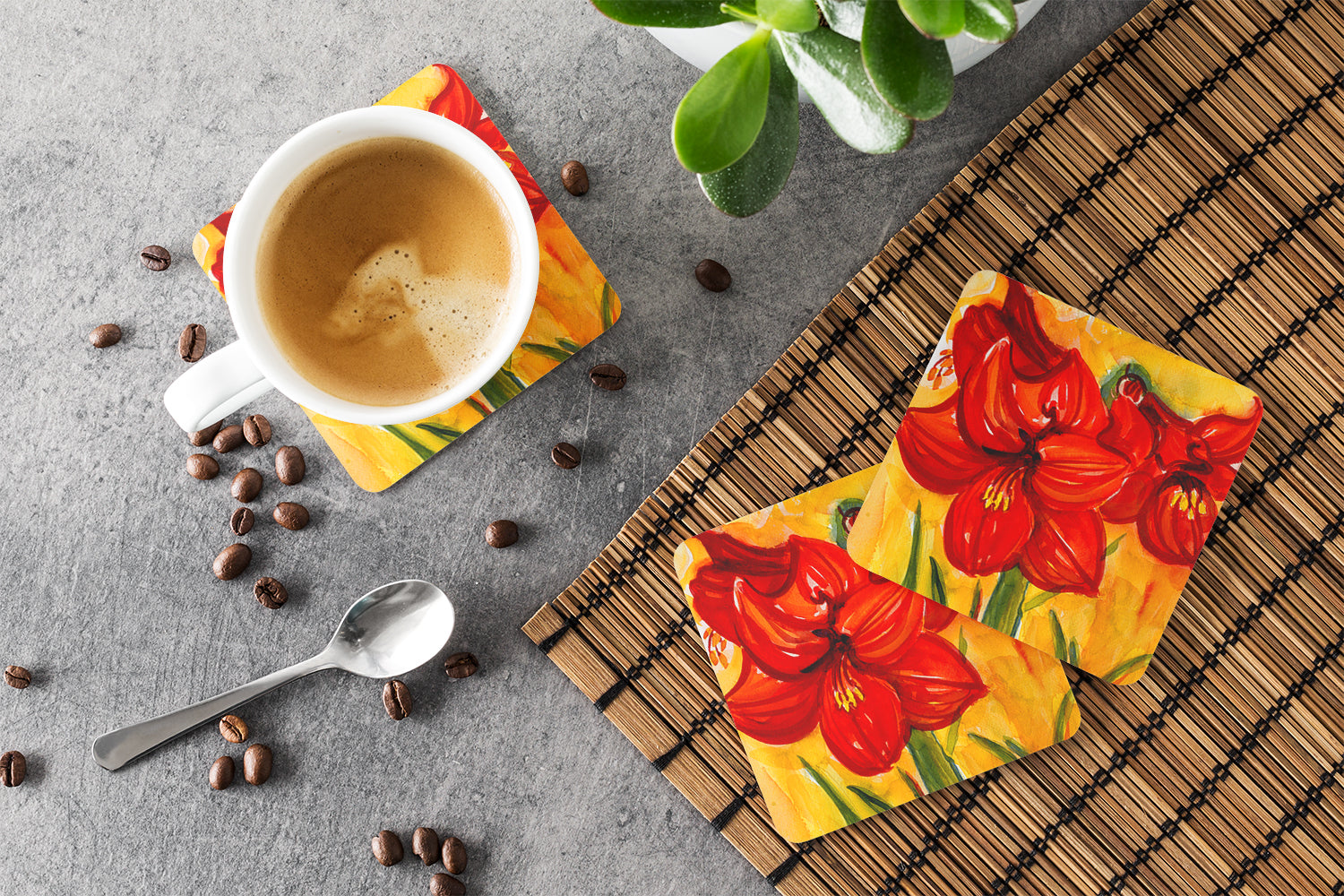 Flower - Amaryllis Foam Coasters Set of 4 Cup Coasters for Indoor Outdoor, Tabletop Protection, Anti Slip, Mouse pad Material