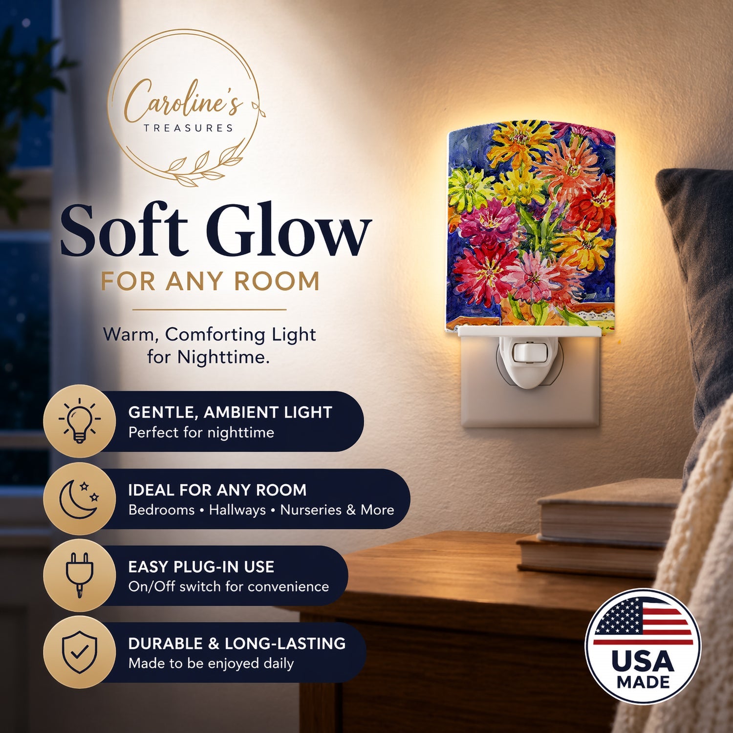 Flower - Gerber Daisies Ceramic Night Light Compact, UL-Certified, Ideal for Bedroom, Bathroom, Nursery, Hallway, Kitchen, 6x4x3, Multicolor