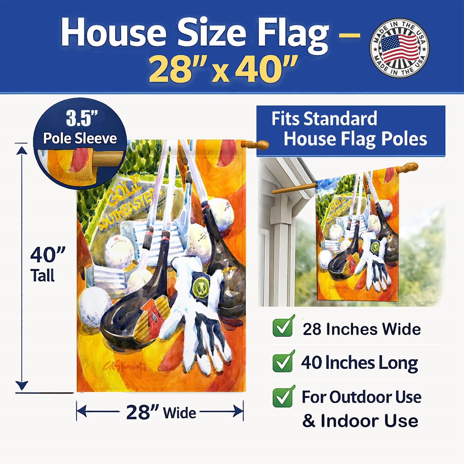Golf Clubs, Ball and Glove House Flag 28x40 Porch Sleeve Pole Decorative Outside Yard Banner Artwork Wall Hanging, Polyester