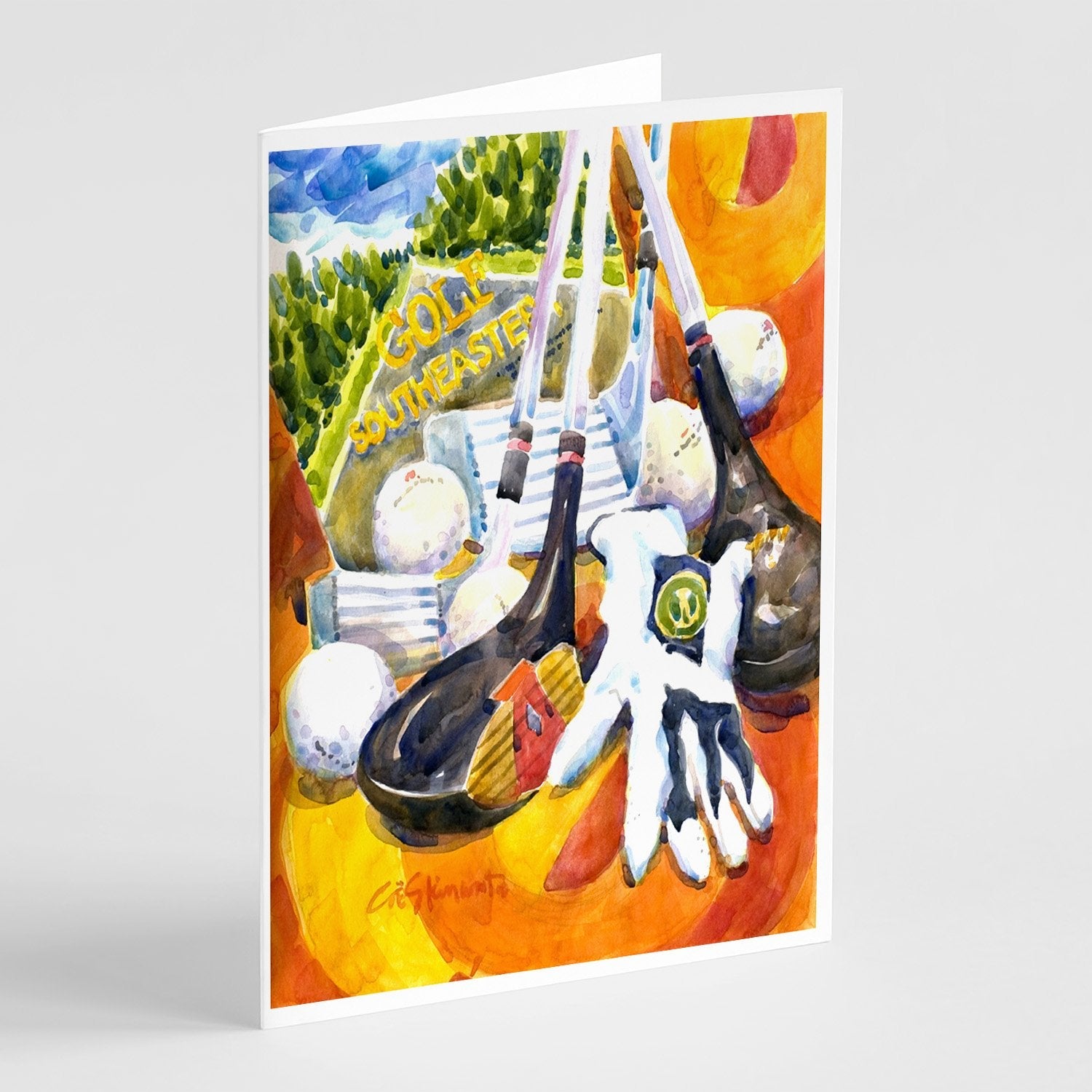 Golf Clubs, Ball and Glove Greeting Cards Pack of 8 Blank Cards with Envelopes Whimsical A7 Size 5x7