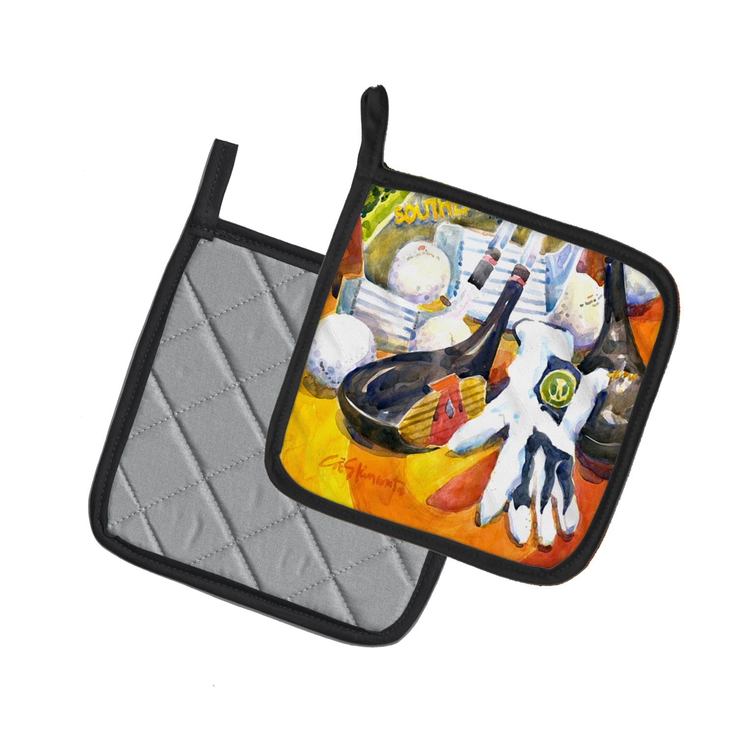 Golf Clubs, Ball and Glove Pot Holder Set of 2 Heat Resistant Quilted Hot Pads 7.5 x 7.5 Inch, Insulated Kitchen Trivets for Cooking & Baking