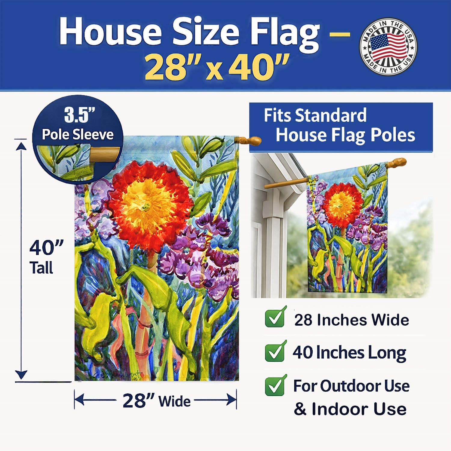 Flower - Sunflower House Flag 28x40 Porch Sleeve Pole Decorative Outside Yard Banner Artwork Wall Hanging, Polyester