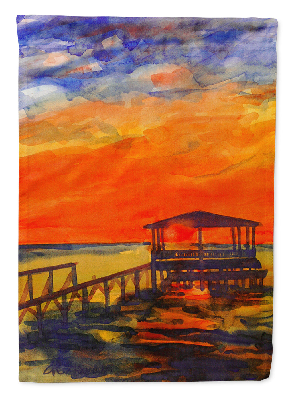 Sunset at the Dock House Flag 28x40 Porch Sleeve Pole Decorative Outside Yard Banner Artwork Wall Hanging, Polyester