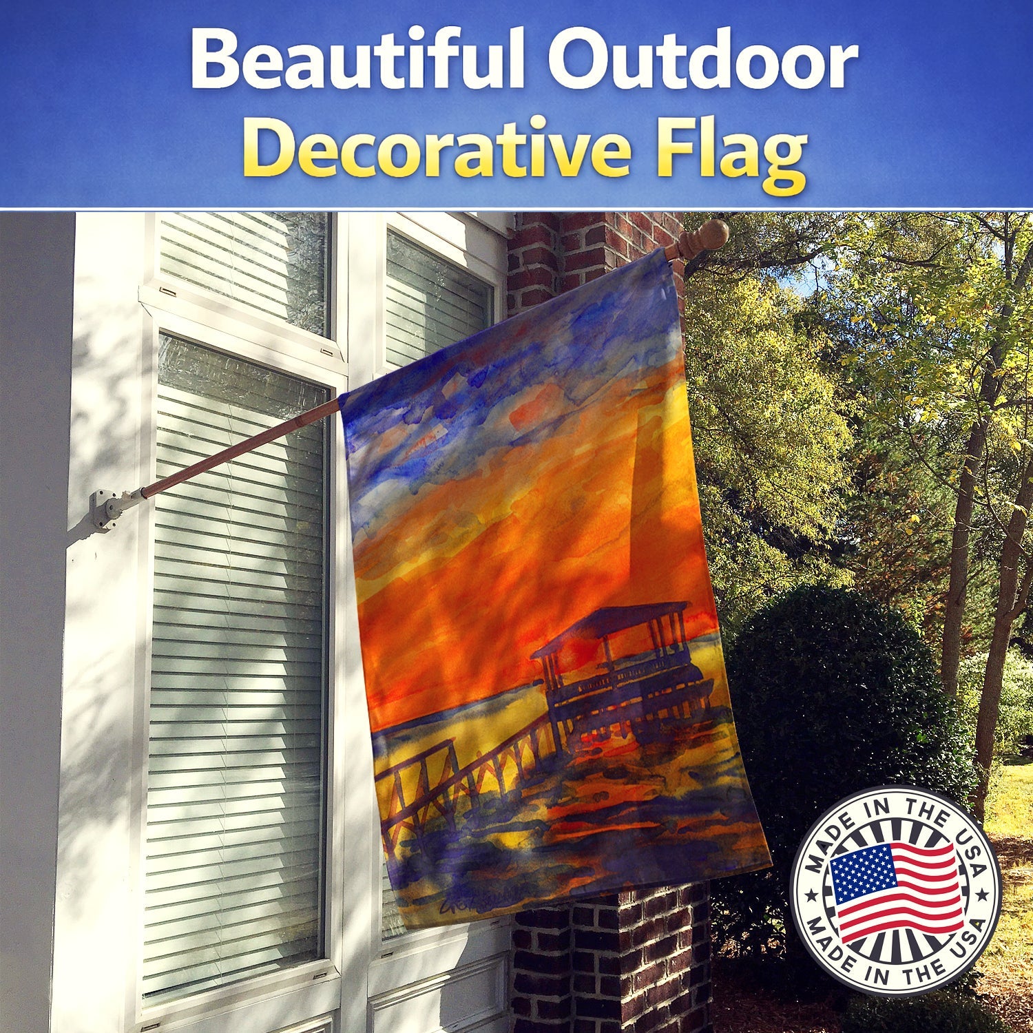 Sunset at the Dock House Flag 28x40 Porch Sleeve Pole Decorative Outside Yard Banner Artwork Wall Hanging, Polyester