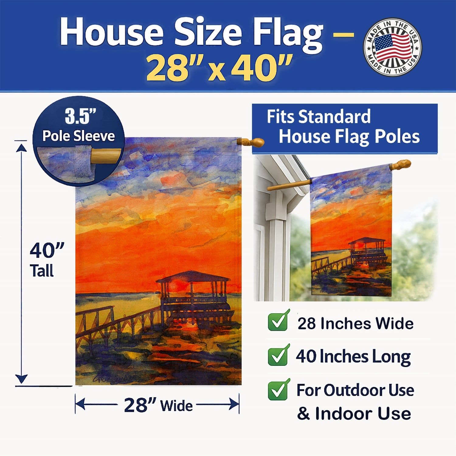 Sunset at the Dock House Flag 28x40 Porch Sleeve Pole Decorative Outside Yard Banner Artwork Wall Hanging, Polyester