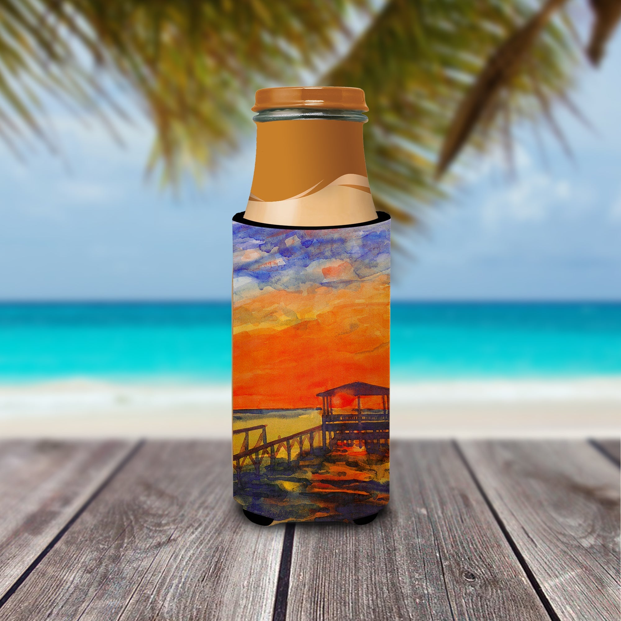 Sunset at the Dock Slim Can Hugger , Insulated Foam Hugger for 12 oz Slim Cans, Beer Bottles & Water Bottles, Printed in USA